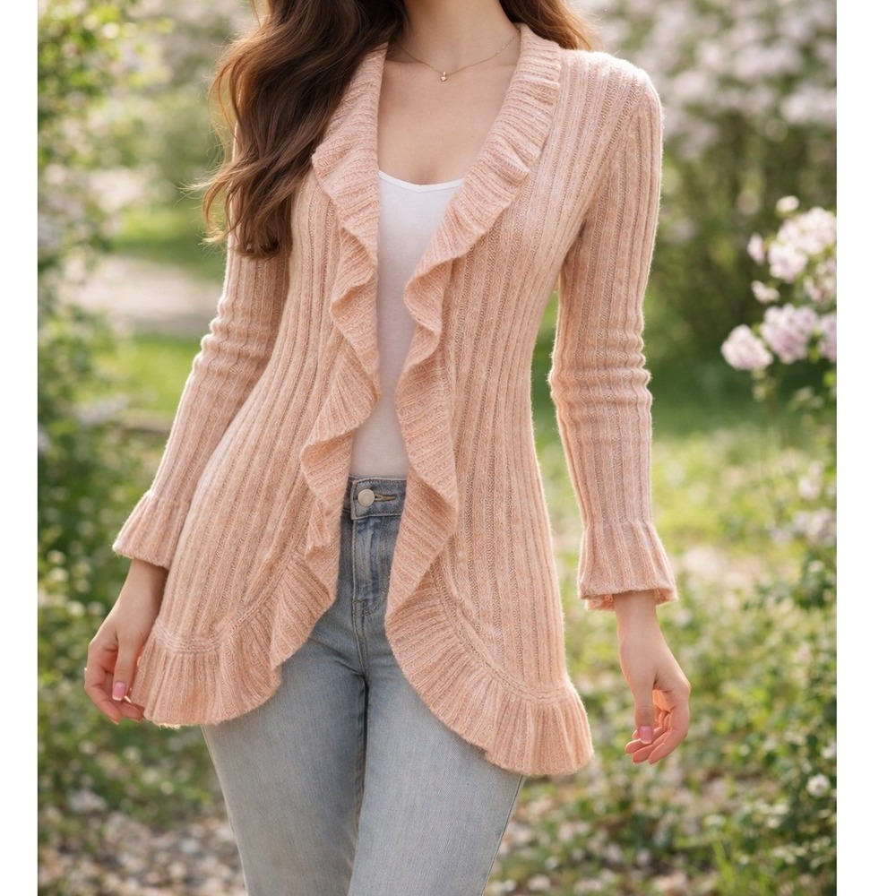 Domani Cardigan Sweater Womens XL Peach Ribbed Ruffle‎ Open Front Bell Sleeve